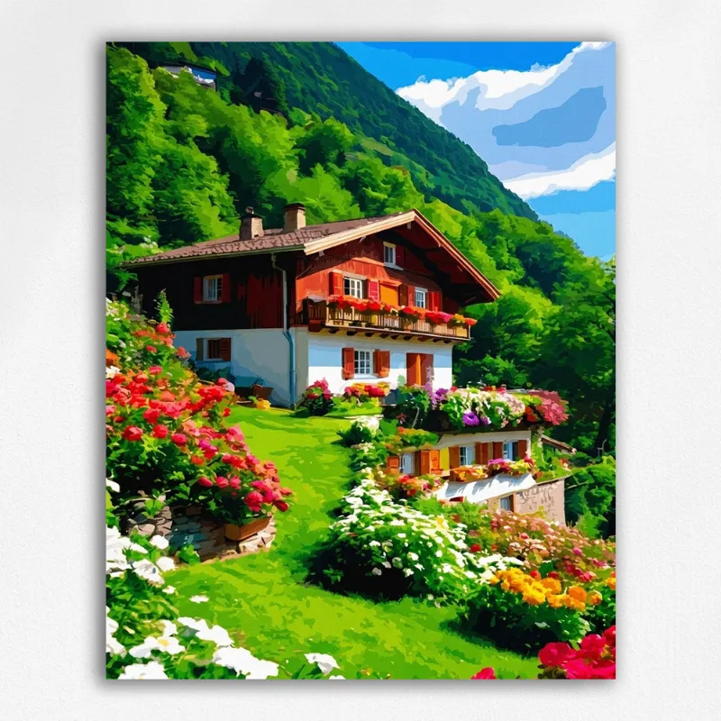 Maikoo Art Alpine Spring Chalet paint by numbers kit showing a mountain chalet with spring blooms