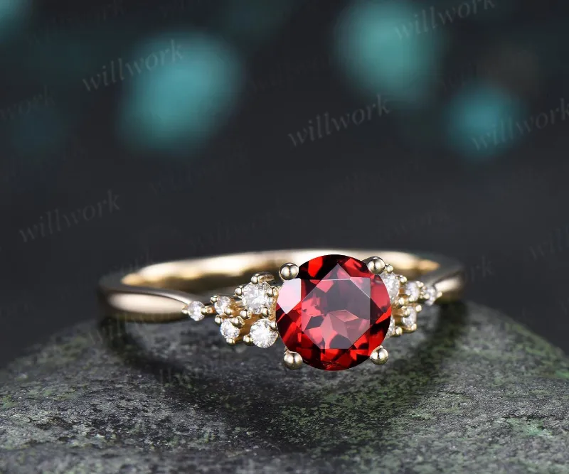 WillWork Jewelry 1ct garnet engagement ring with snowdrift diamond cluster accents in gold