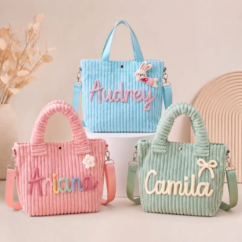 MamaRaya Personalized Kids Crossbody Bag in corduroy with custom name and decorative details