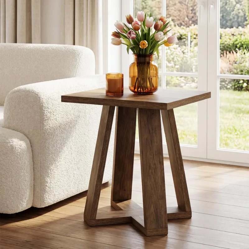Tribesigns farmhouse end table with cross-leg base and square wood-grain tabletop