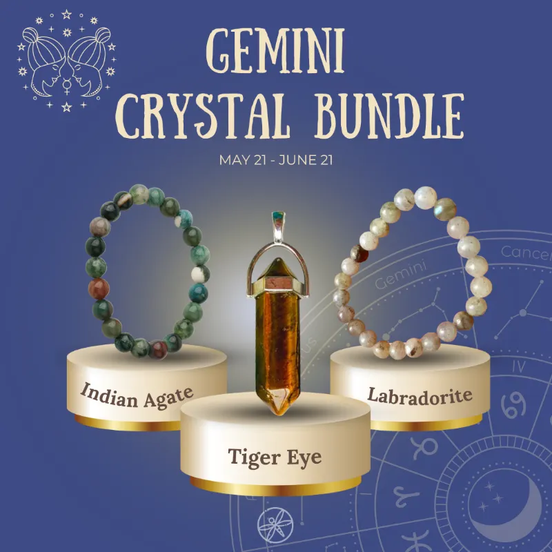 Turix Gemini Zodiac Crystal jewelry set with agate and labradorite bracelets plus tiger eye pendant
