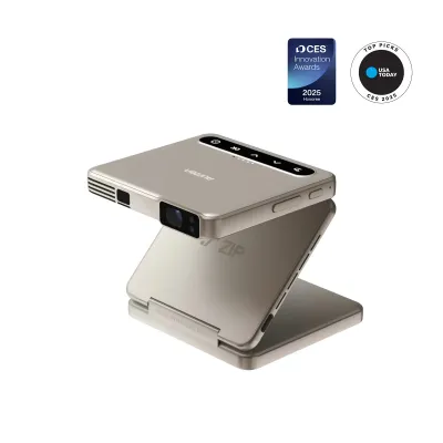 Aurzen ZIP Tri-Fold Portable Mini Projector folded into its compact tri-fold shape for portability