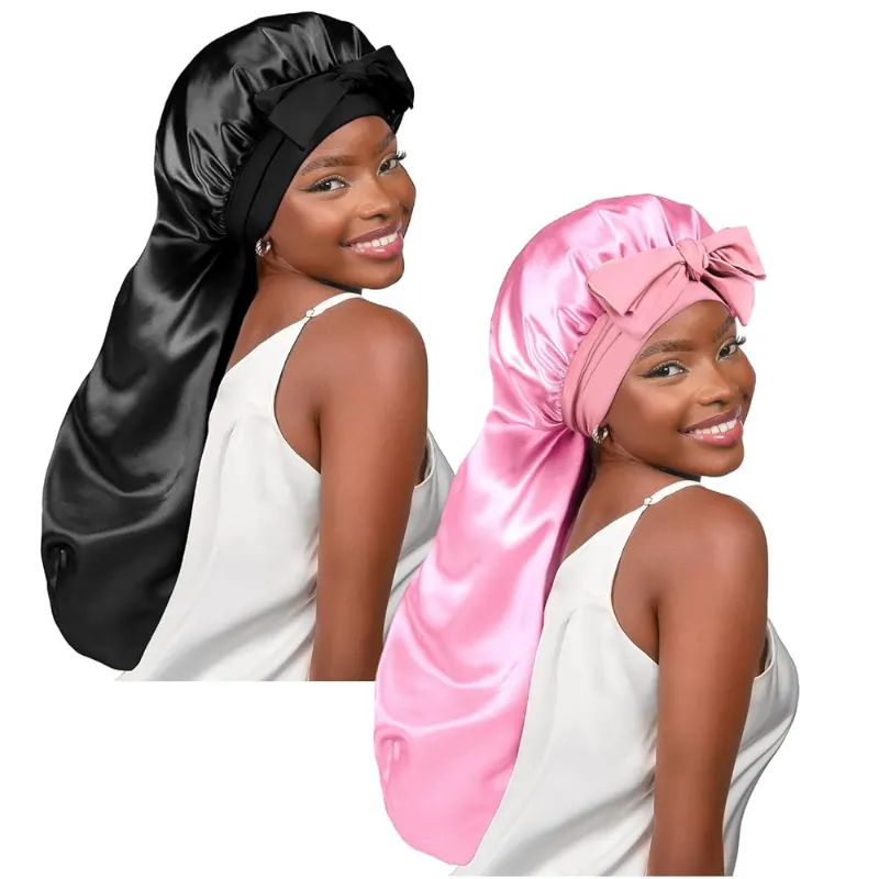 Yanibest Silk Butter Satin Bonnet For Braids in black and pink tie band