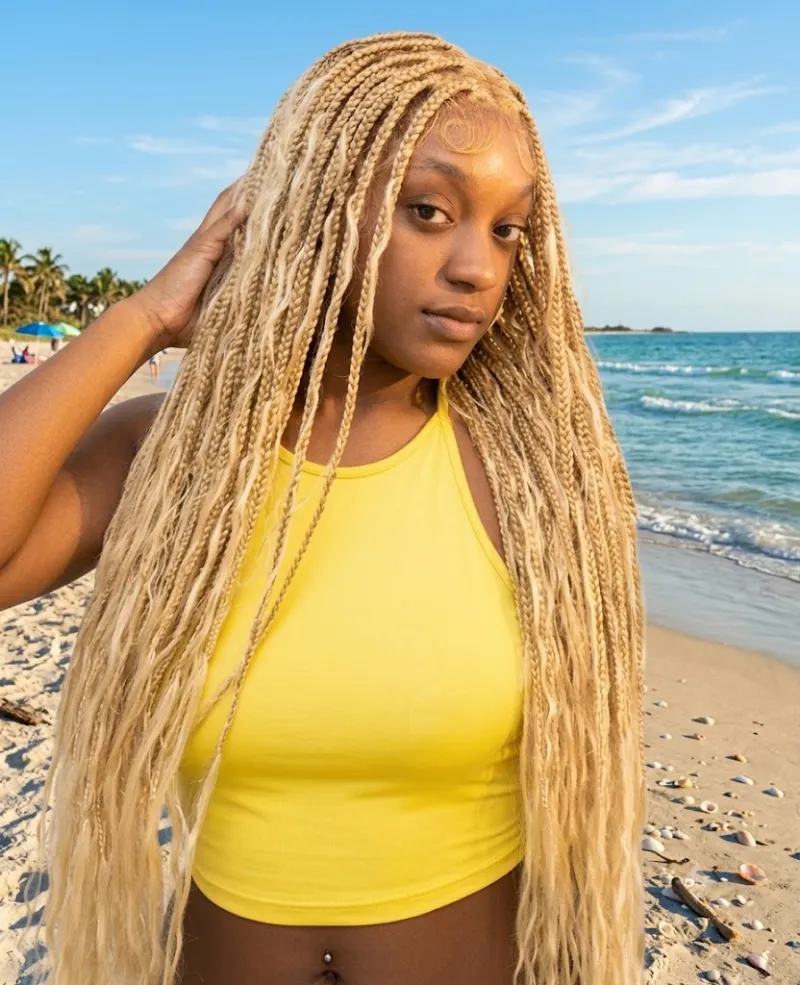 Jaliza 613 Blond HD Full Lace Human Hair Boho Curls 36" Knotless Boho Box Braided Wig showing blonde braids with curly ends