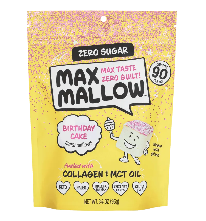 Max Sweets Birthday Cake Sugar-Free Marshmallow bag with glittery marshmallows