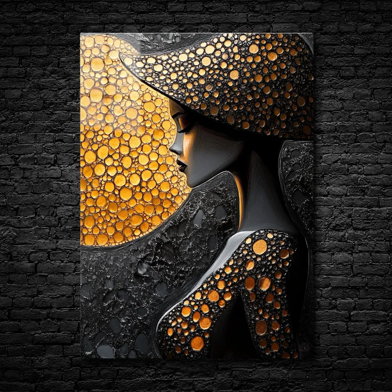 CruArt Golden Muse metal poster with feminine silhouette and golden orbs against luminous sun