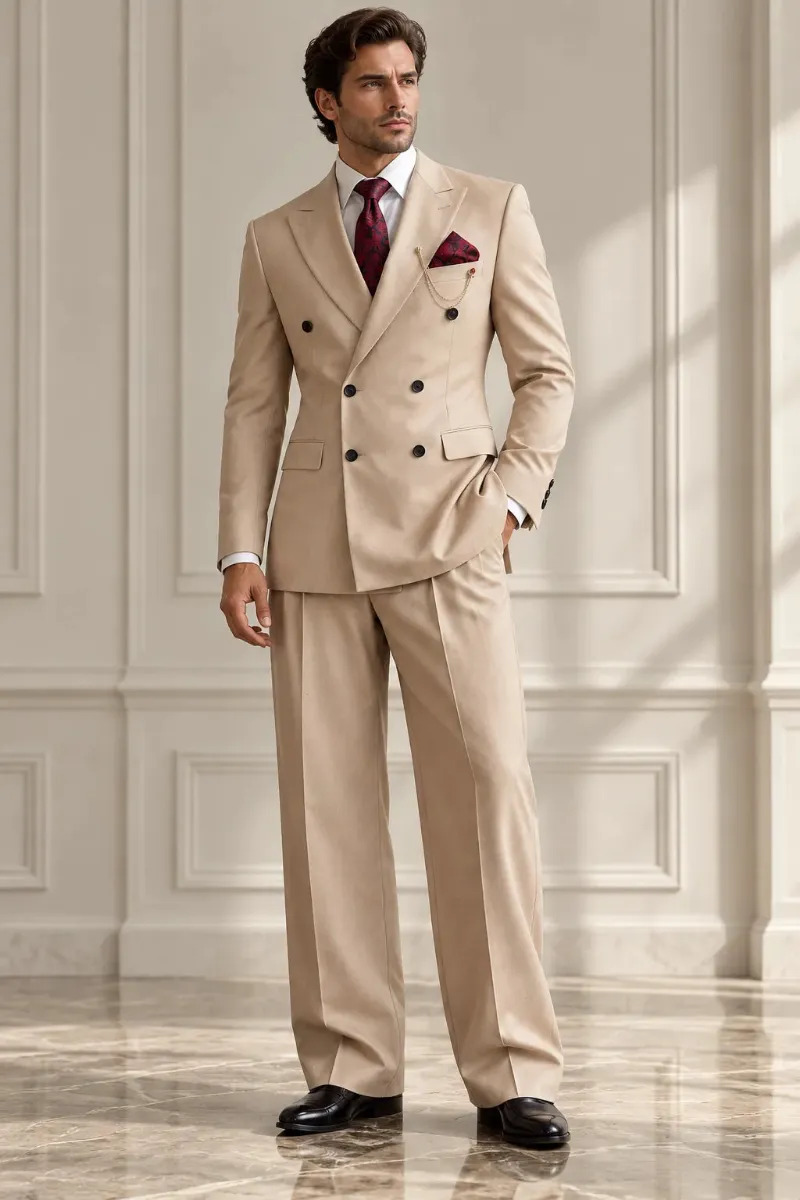 Wehilion Men's Beige Double Breasted Wide Leg 2 Piece Suit shown with jacket and wide trousers