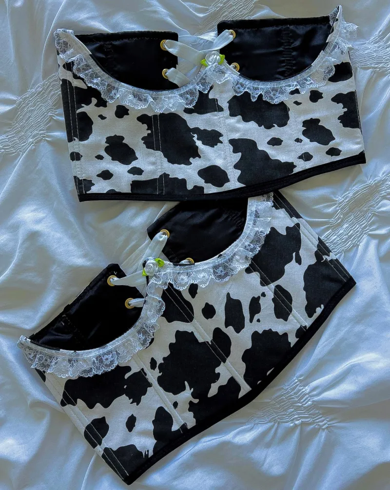 Bit By Angie Cowgirl underbust corset in cow print fabric with back lacing