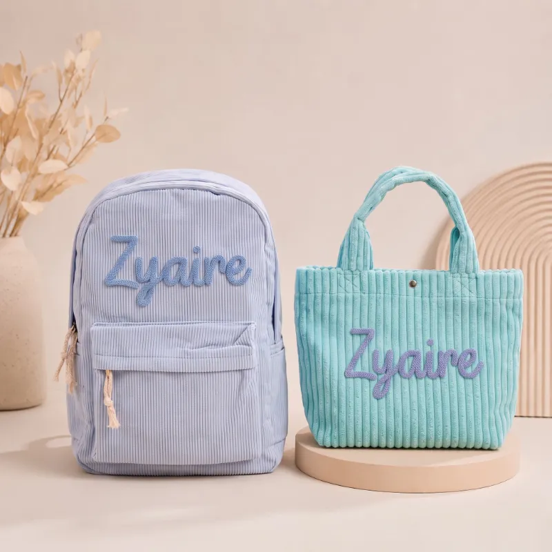 MamaRaya Personalized Backpack and Tote Bag Set with raised yarn name in coordinating colors