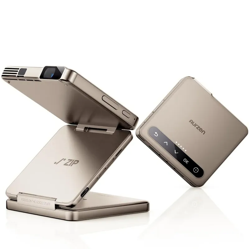 Aurzen ZIP Tri-Fold Portable Mini Projector US Version showing compact tri-fold design