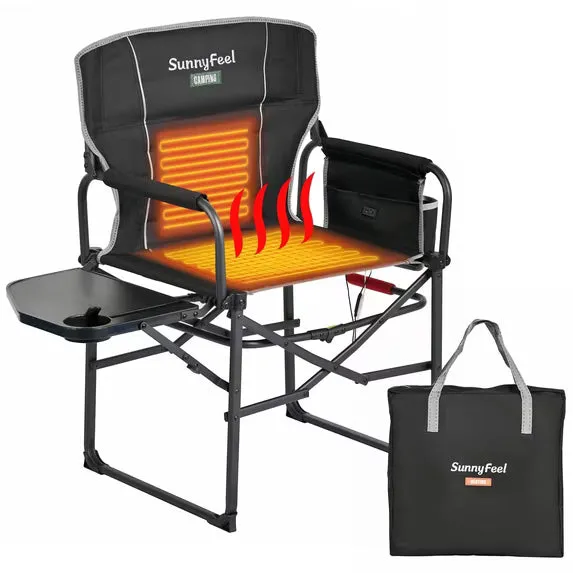 SunnyFeel Outdoor Sunnyfeel Heated Director's Chair, Black, folding director chair with side table and dual-zone heat shown in black