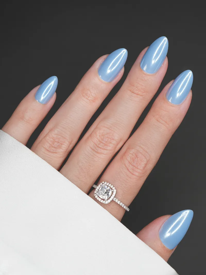 Roxy Nails Paris Azure iridescent blue chrome press on nails in short almond shape