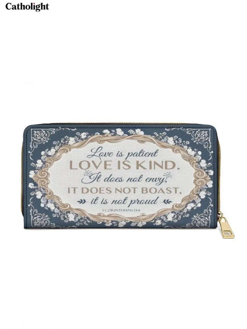 Catholight Corinthian Elegance Leather Wallet Purse with 1 Corinthians 13:4 verse on a blue background