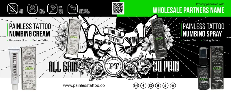 Painless Tattoo horizontal banner design 3 shown in a shop setting