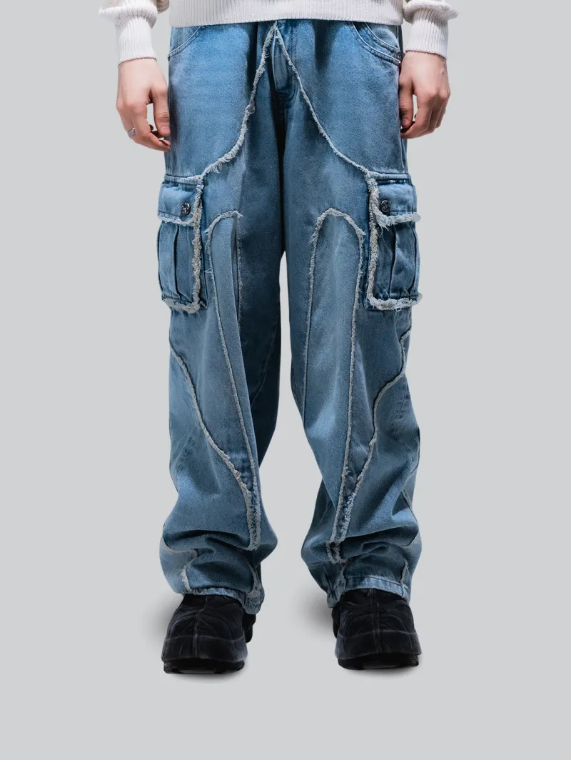 ARNTREAL Arnmor Cargo Pant Blue in wash blue denim with cargo pockets and metal details