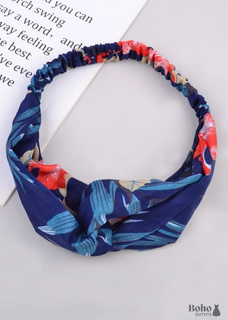 Boho Dress Bohemian Headband Yasmine, blue headband with red accents worn as a hair accessory