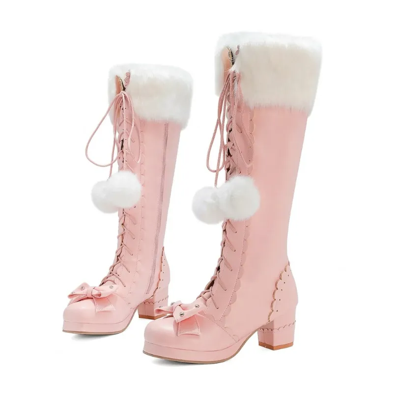 Shoptery Jirai Kei Pink Faux Fur Pom-Pom Lace-Up Knee-High Platform Boots with bow detail and plush trim