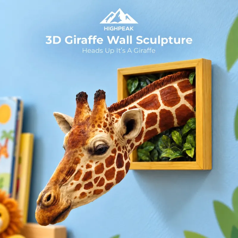 HighPeak 3D Giraffe Wall Sculpture with head projecting from a leafy frame