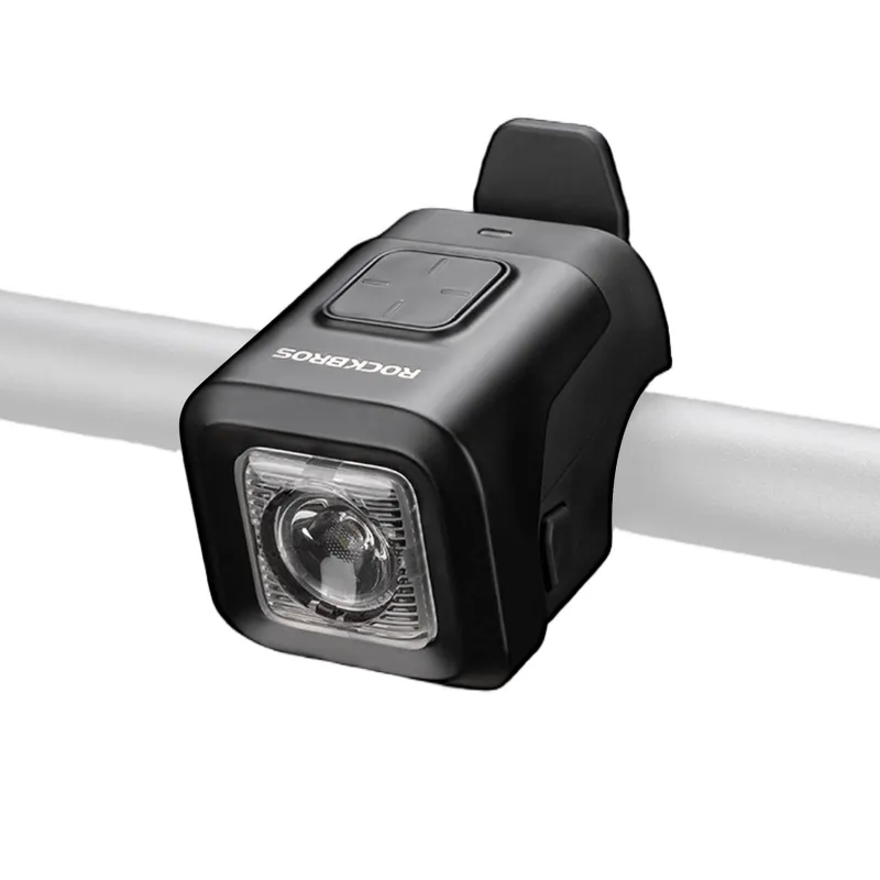 RockBros US 2-in-1 Bike Horn & Front Light showing black handlebar-mounted light and horn unit with LED lens