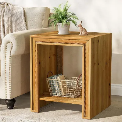 Tribesigns 19.6 inch solid wood end table with two-tier open storage shelves