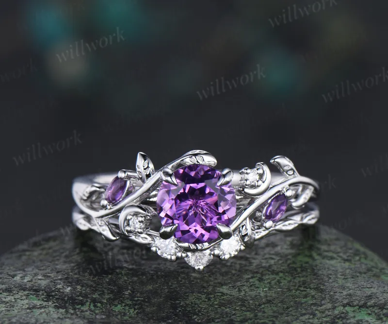 WillWork Jewelry 1ct round cut natural amethyst engagement ring set with moon and leaf motifs in white gold