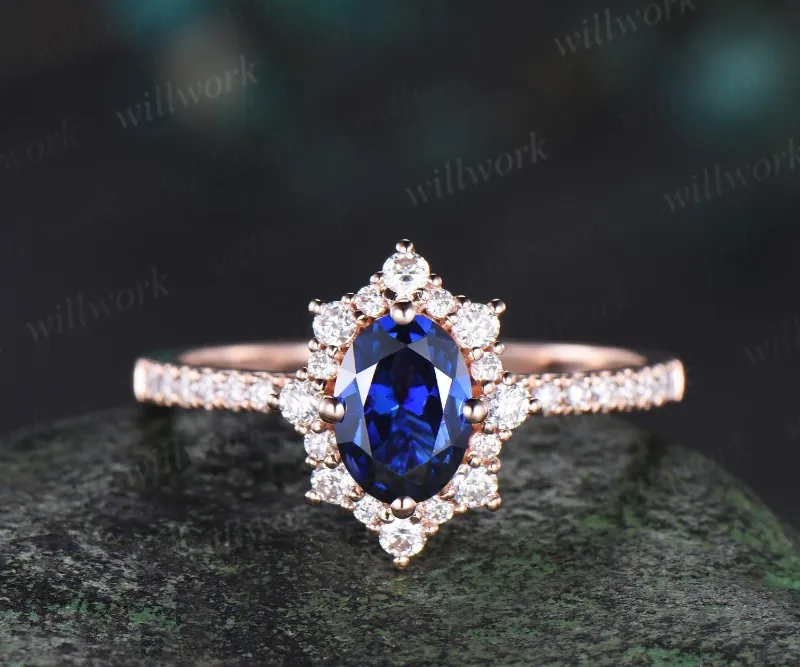WillWork Jewelry 1ct oval cut sapphire engagement ring snowdrift halo diamond 14k rose gold ring women half eternity unique wedding promise