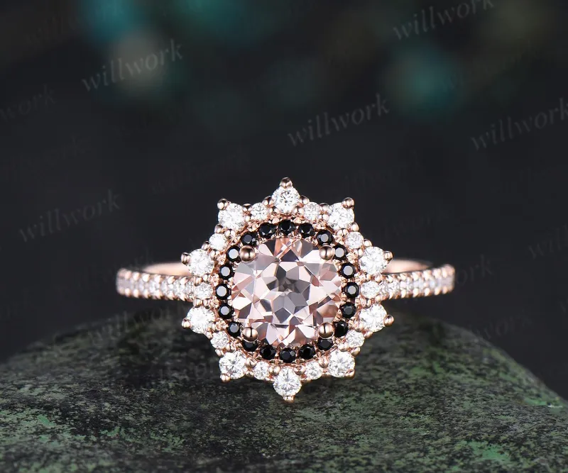 WillWork Jewelry 1ct morganite double halo black spinel ring