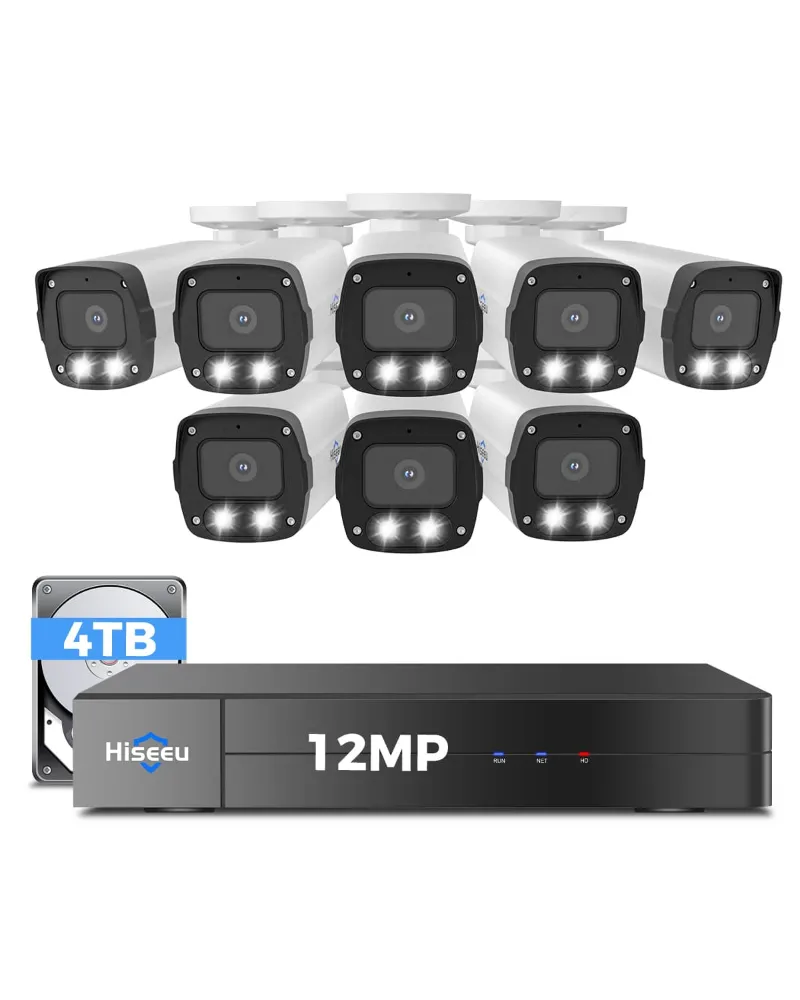 Hiseeu 12MP PoE IP bullet camera system with 121° view and 4TB storage