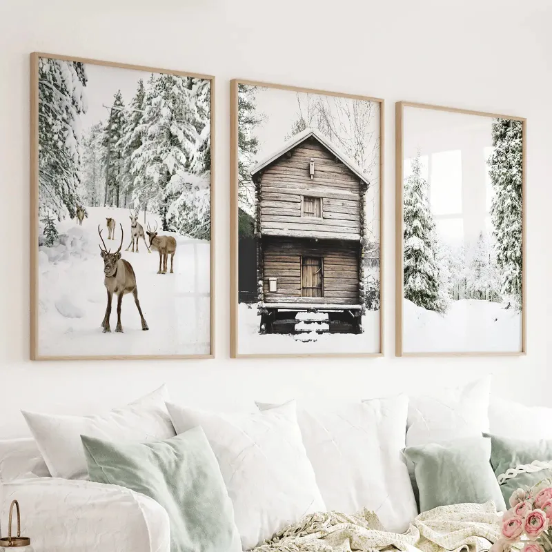 Wall Art Set Christmas Theme with reindeer, log cabin, and snowy forest