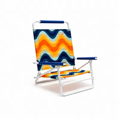 SunnyFeel Outdoor Lightweight Folding Low Beach Chair reclined on sand with cup holder in use