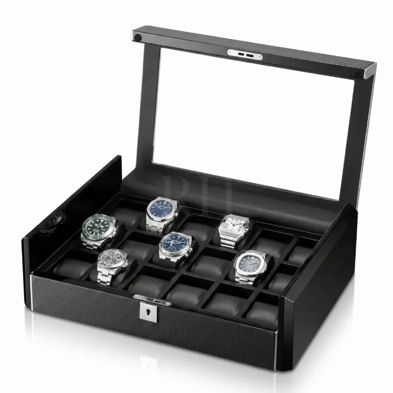 Rotation Horlogère Scuderia 18-watch luxury storage case with multiple compartments and black finish