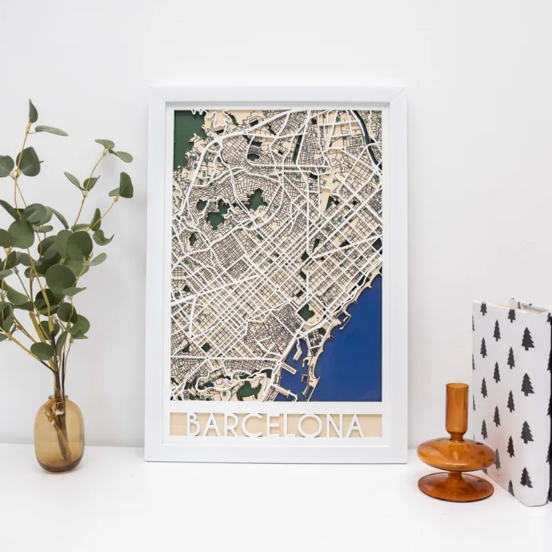 Enjoy The Wood 3D City Map Barcelona layered wooden wall art showing city streets