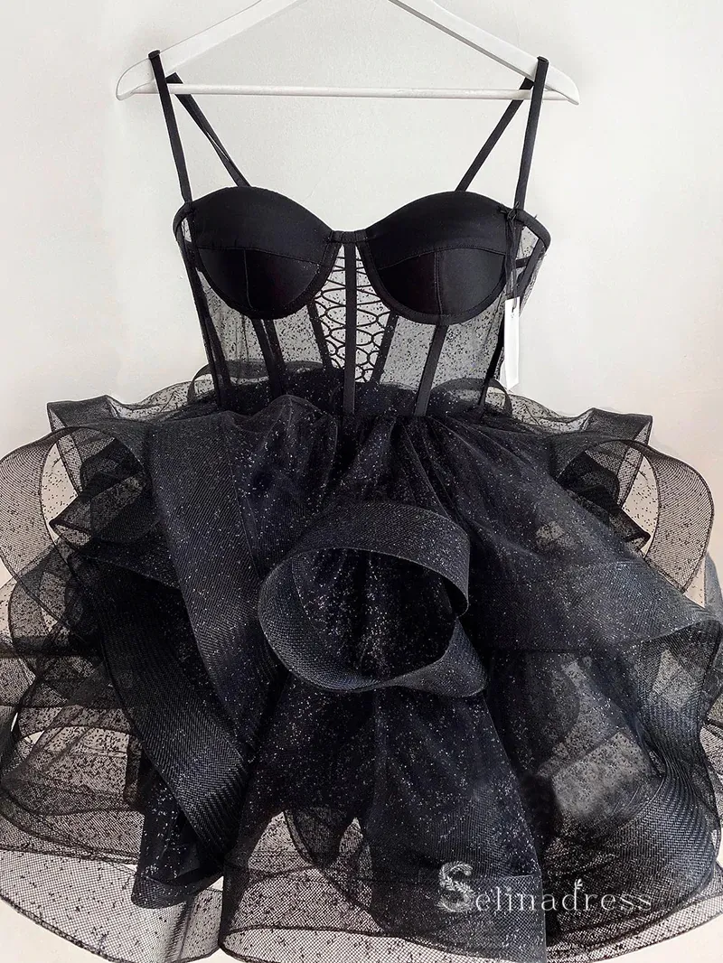 Selinadress A-line Sweetheart Cute Homecoming Dresses Black Short Prom Dress Mini Dress shown in black tulle with ruffles