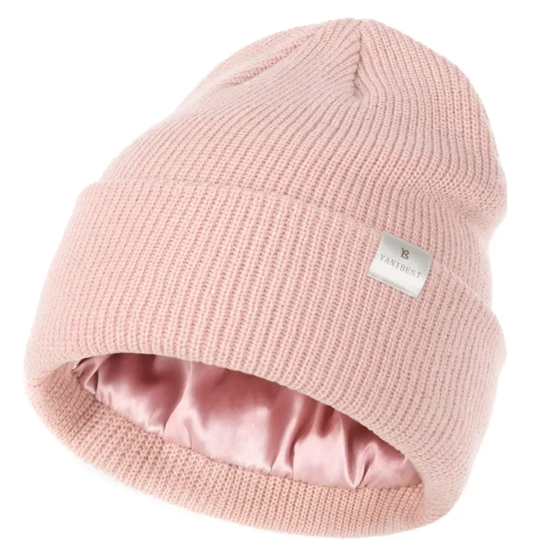 Yanibest Butter Satin Lined Knit Skull Beanie in rose pink, slouchy satin-lined beanie