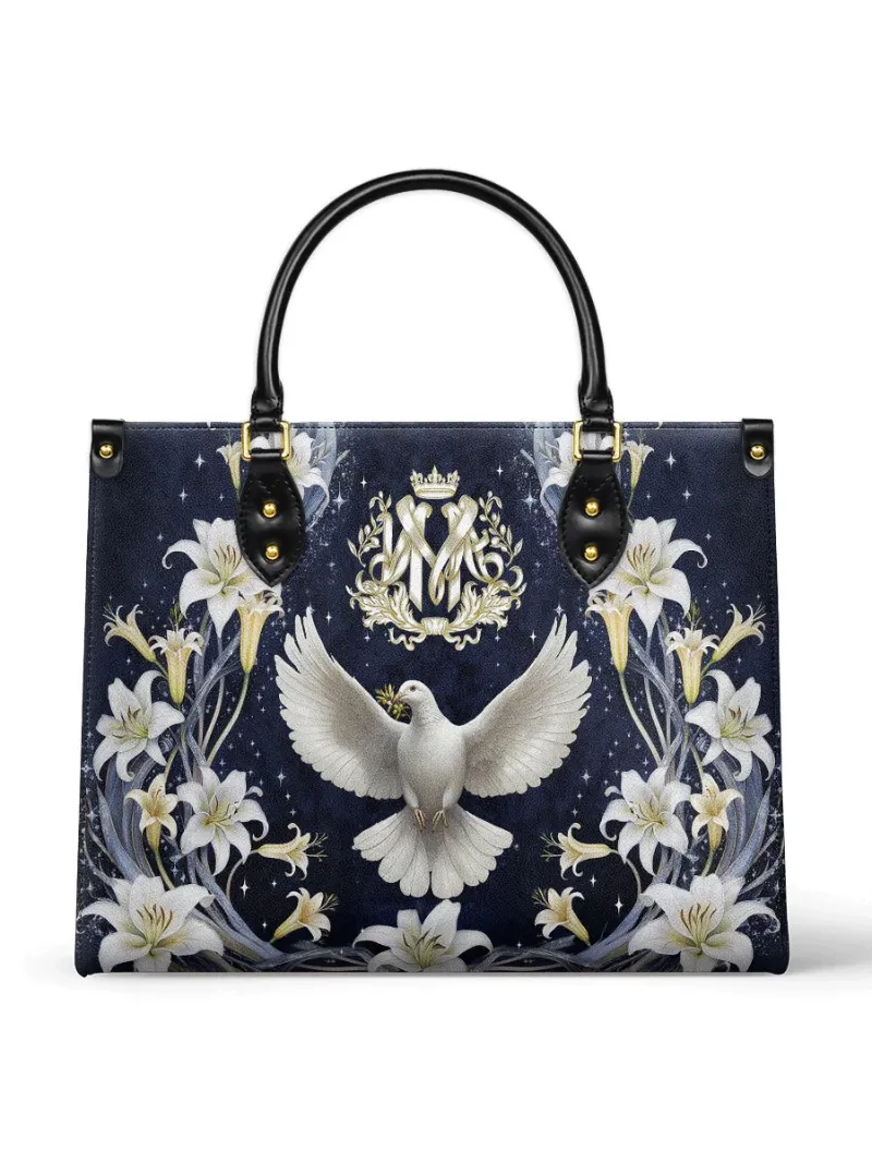 Catholight The Holy Spirit and Lily Devotional Leather Bag with dove and Mary monogram