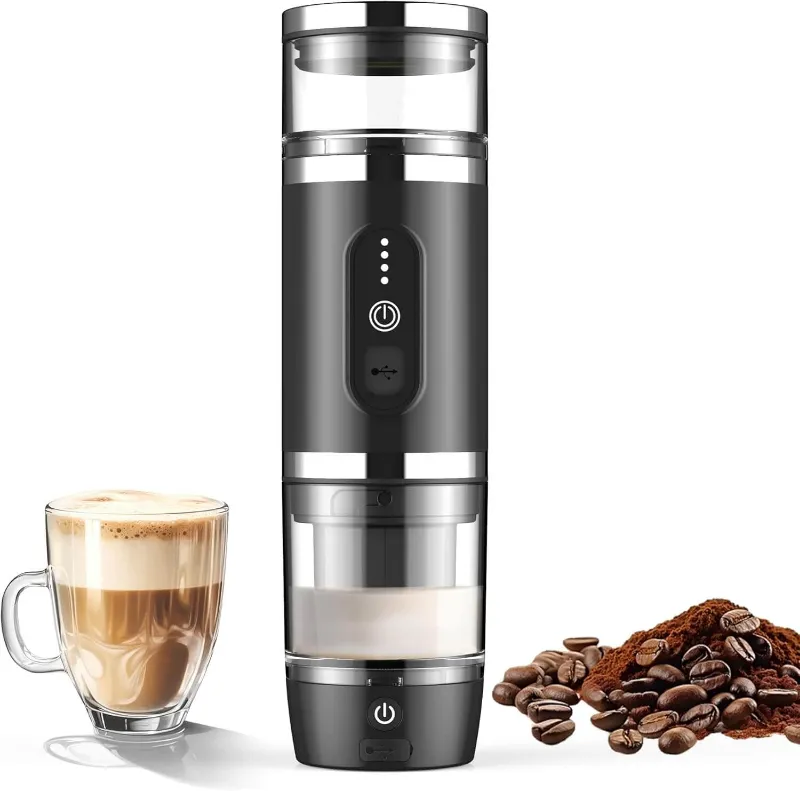 Karinear Appliances 3 inch 1 Portable Espresso Machine With Milk Frother in Black, compact black device with control buttons