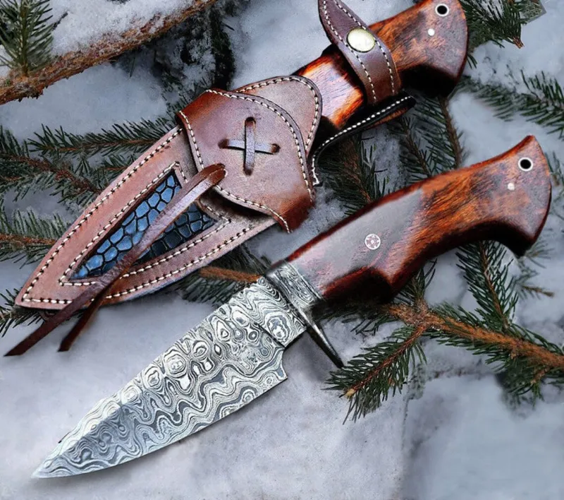 MyHackerTech Custom Handmade Damascus Steel Hunting Camping Knife with rosewood handle and leather sheath