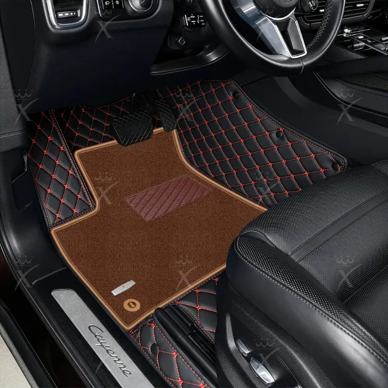Luxus Car Mats double layer floor mat in black with red stitching and a brown top carpet