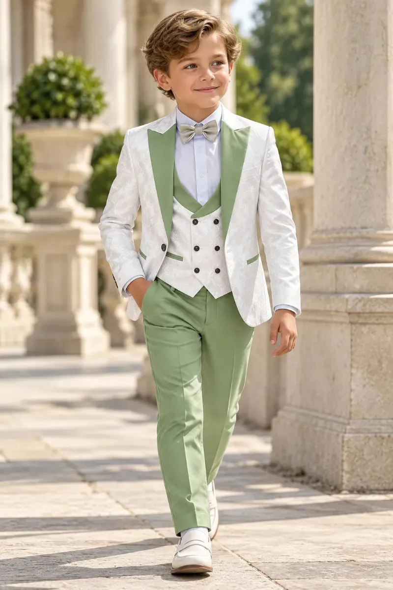Wehilion Boys Jacquard 3 Piece Tuxedo Suit, textured jacquard tuxedo jacket with vest and trousers