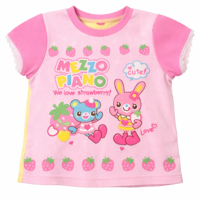 Shoptery Decora Kawaii Strawberry Bunny Graphic Fitted Tee showing the cartoon print and lace trim details