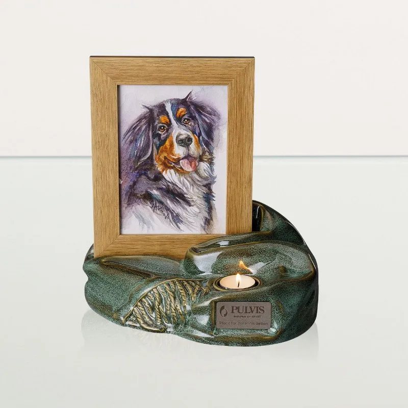 Pulvis Art Urns Cremation Urn Cozy oily green melange ceramic urn with wooden picture frame and candle holder