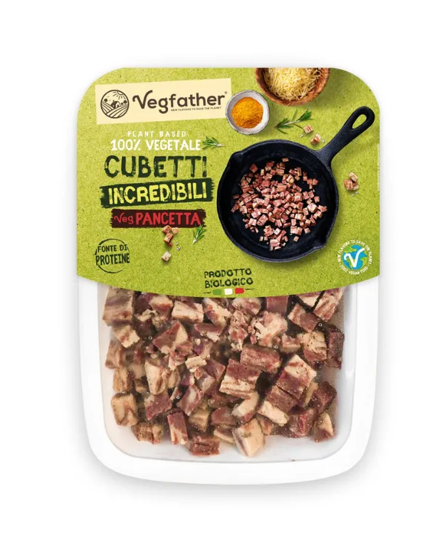 Vegaliano Bacon Cubes, golden-brown smoky pieces in package