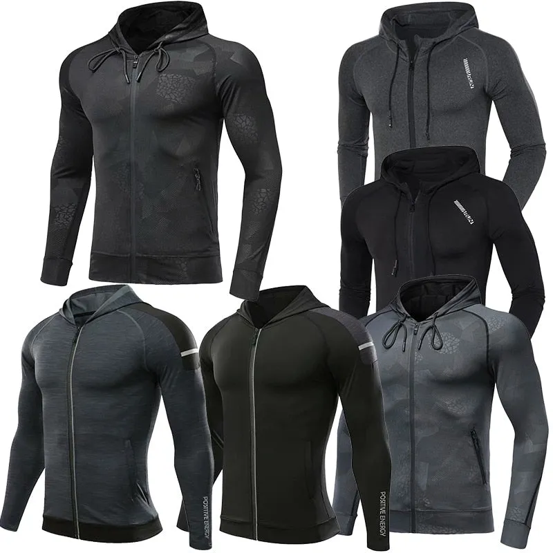 PUPU Sports Men's Zip Up Gym Hoodie Quick Dry Compression Fitness Sweatshirt Jacket front view