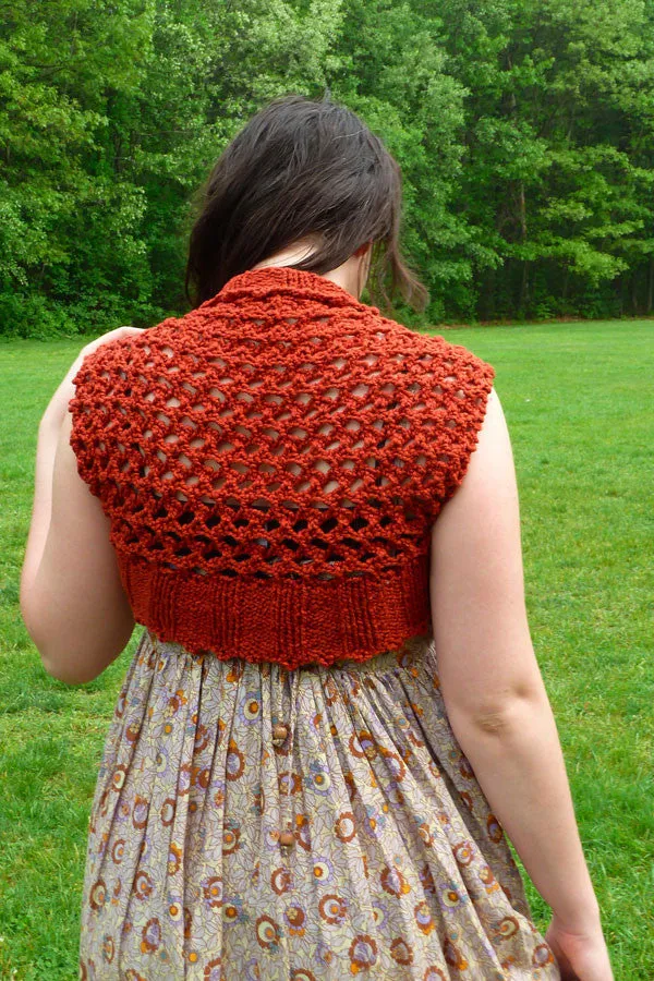 Kristen TenDyke Sunyata lacy shrug in organic cotton with open lace pattern