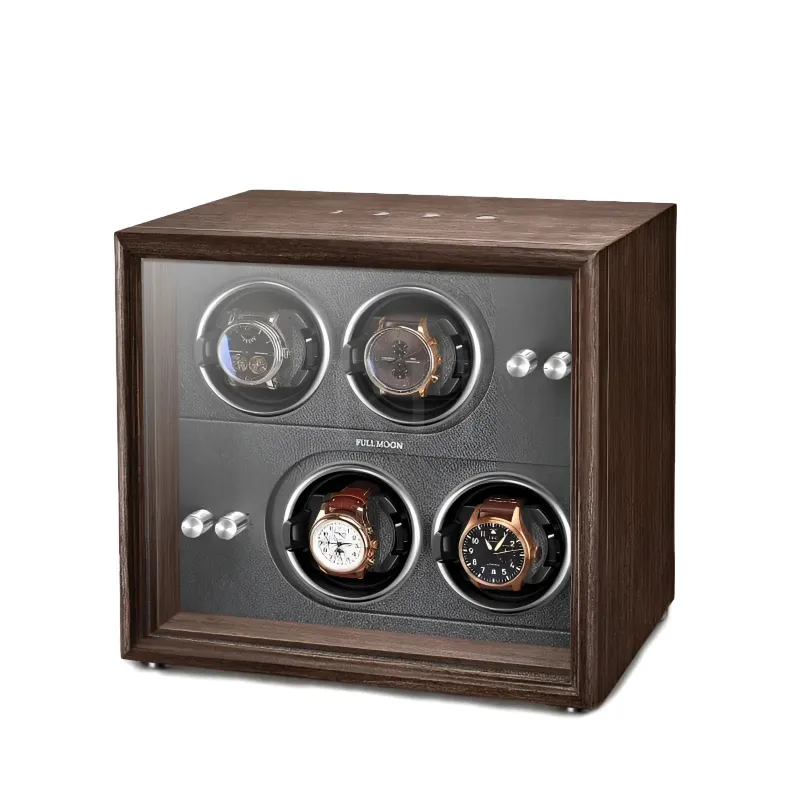 Rotation Horlogère Remontoir Montre Quadruple Bois oak wood four-watch winder with leather interior