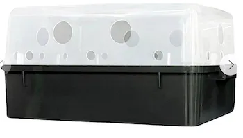 Mass Hydroponics 'Boomr Bin' Mushroom Monotub showing black base with clear lid and ventilation holes