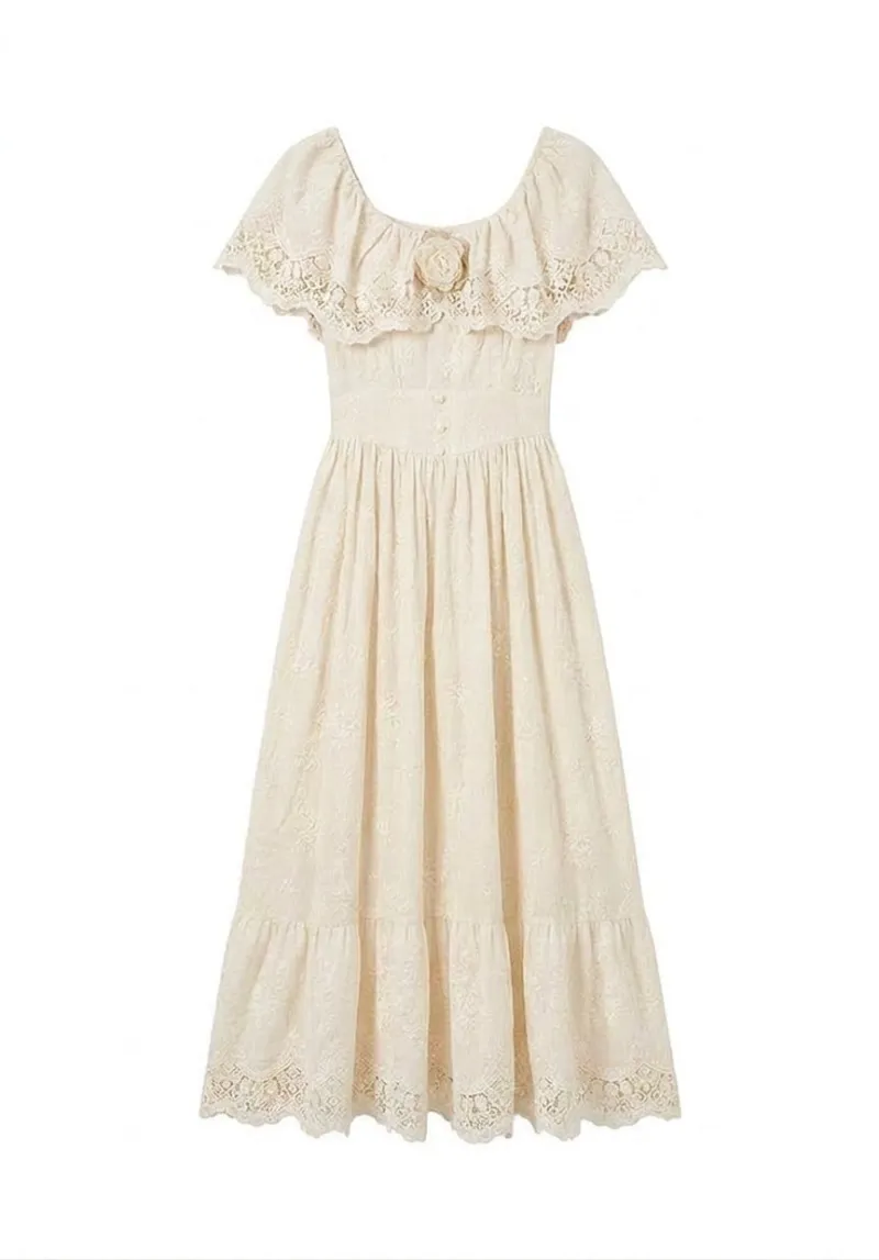 Cottagecore Clothes Cottagecore Rosette Lace Cape Midi Dress in cream with embroidered floral skirt and cape collar