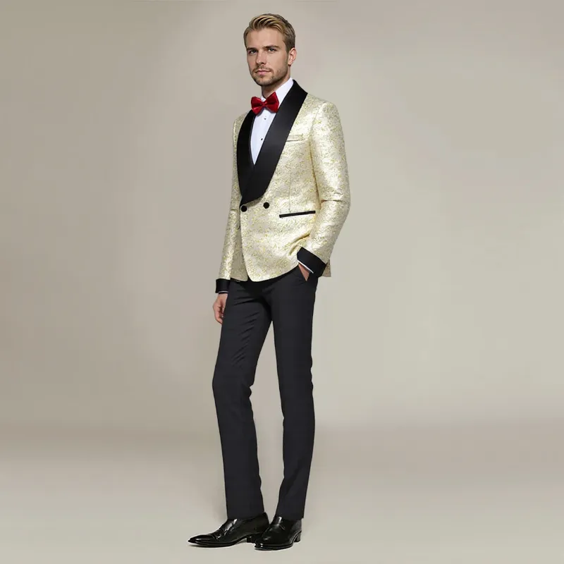 Cloudstyle C4D0127 Series gold jacquard shawl collar 2-piece suit, front view