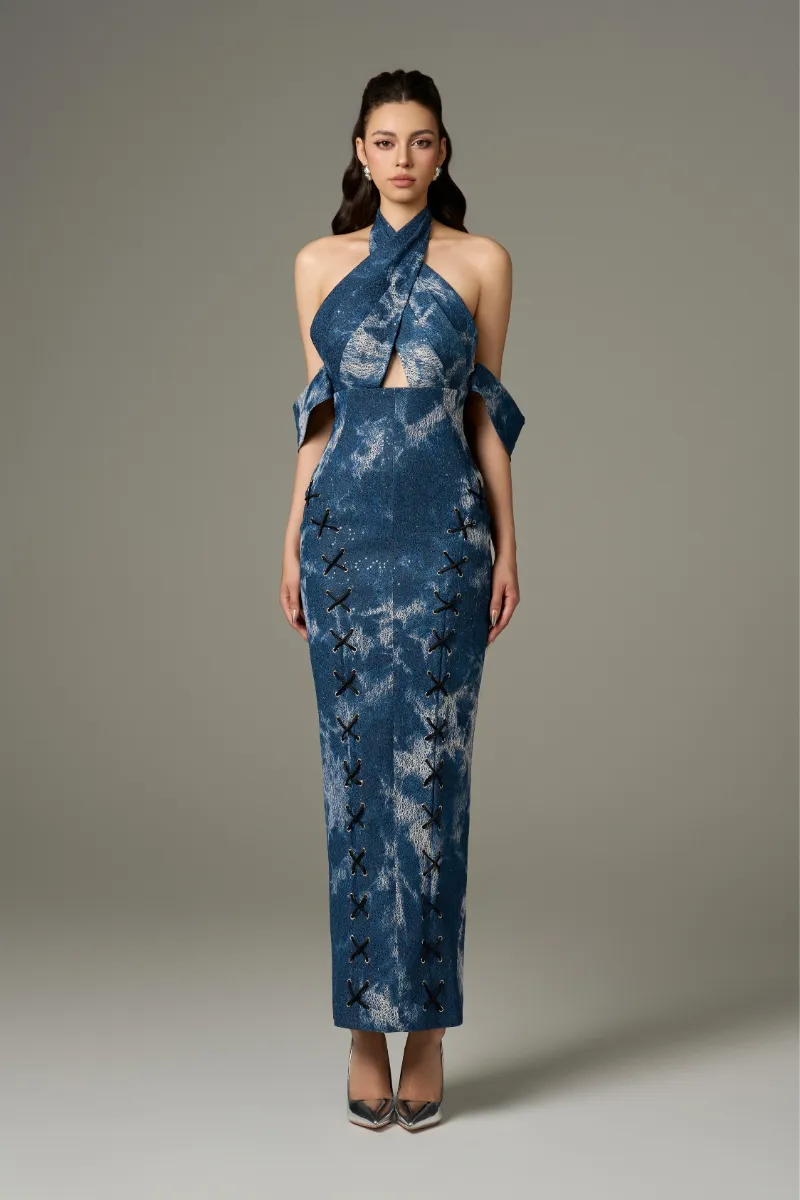 Kalisa Chic Modest Cotton Denim Halter Tie-Dye Maxi Dress, full-length view