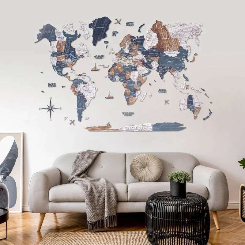 Enjoy The Wood 3D Wooden World Map Mystery with layered continents in grey, blue, and turquoise tones